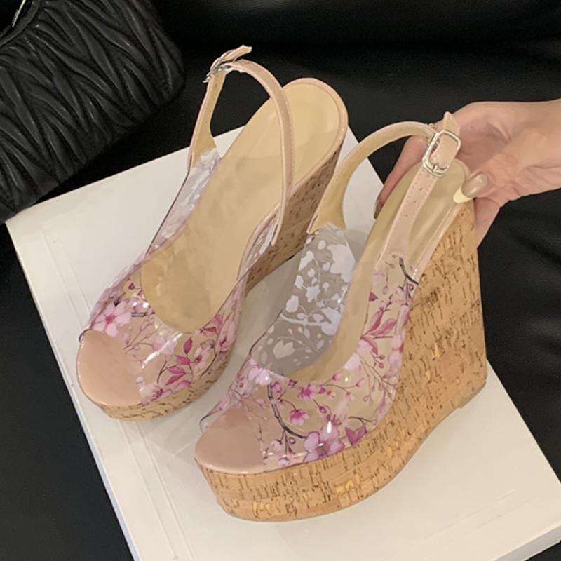 Fashion Liyke Summer Cozy 14.5CM Wood Wedge Sandal Women Fashion Flowers PVC Open Toe Buckle Strap Platform High Heels Party Dress Shoes