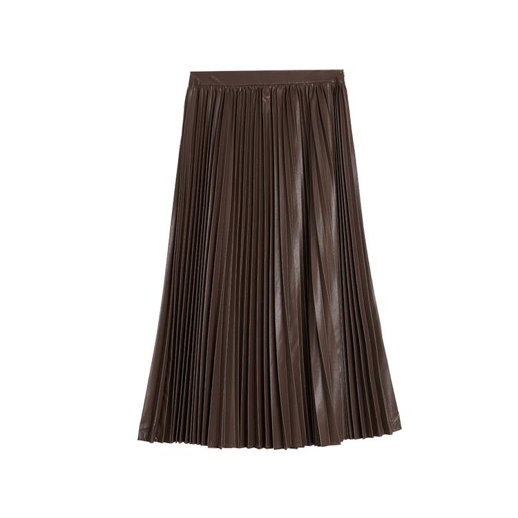 ELLE Solid Color Pleated High Waist Casual Long Skirt Women skirts Brown ER40091