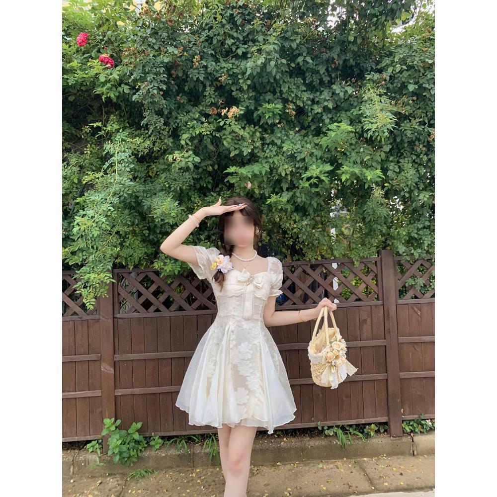 White moonlight summer temperament waist women's small skirt printed bow dress women
