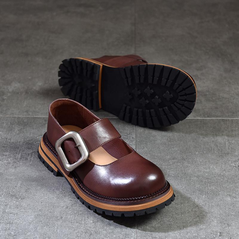 Johnature Divat sokoldalú fém csat, kerek orr, vastag talp Mary Janes cipők valódi bőr női cipők