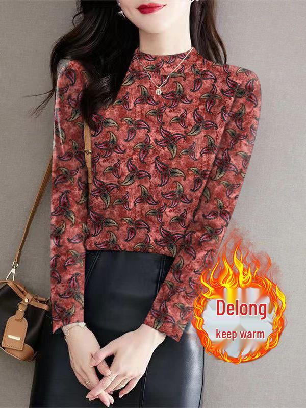 High-Neck Floral Thermal Ribbed Base Layer Top for Middle-Aged & Elderly Women - Long Sleeve Winter Wear