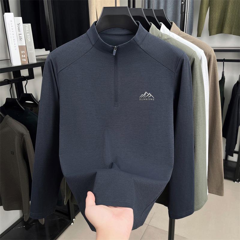 Men's 2025 Solid Color Stand Collar Zipper T-Shirt - Long Sleeve Casual Autumn Pullover