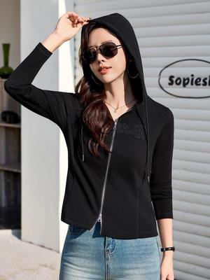 Women's 2025 Slim-Fit Hooded Long-Sleeve T-Shirt: Spring/Autumn Lightweight Short Jacket Top