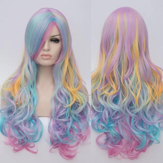 Women Cosplay Multicolor Stitching Gradient Wig Long Wig Curved Big Wave Black White Blue Pink Color Wigs