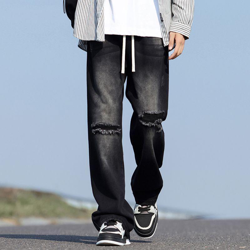 Spring and Autumn Ripped Waist Belt Straight Jeans Men's Trendy Brand Retro Old Loose American Casual Denim Pants