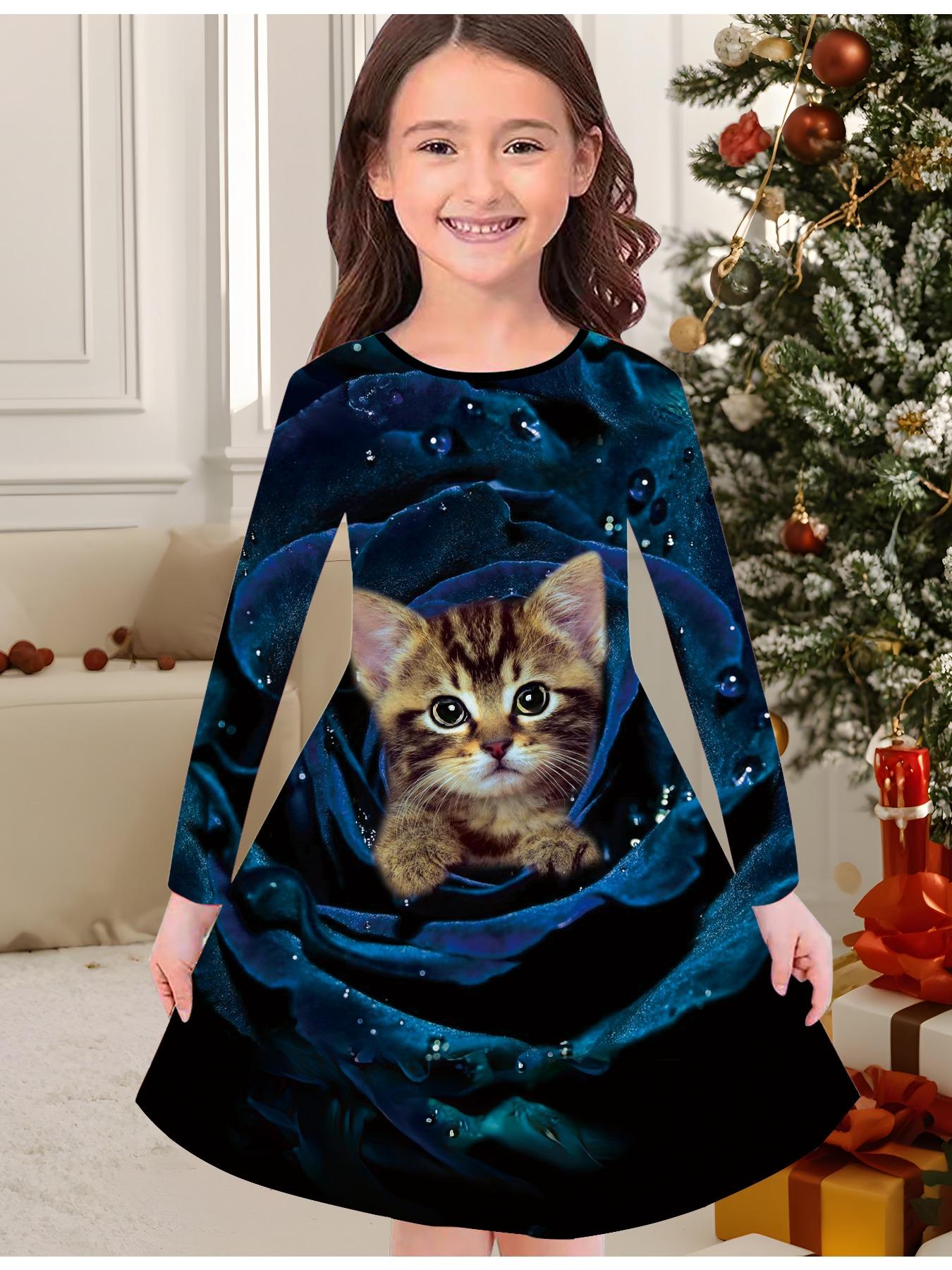 

Модна осіння та зимова сукня для дівчаток, з 3D-принтом кошеняти, з круглим вирізом, довга дитяча футболка-сукня, повсякденна, універсальна, різдвяний одяг 150 чорний