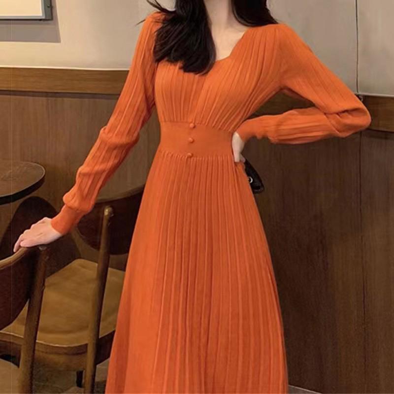 

2026 Autumn/Winter Korean High-Waist V-Neck Pullover Dress, Women s Elegant Solid Long Knit Sweater A-Line Skirt One Size помаранчевий