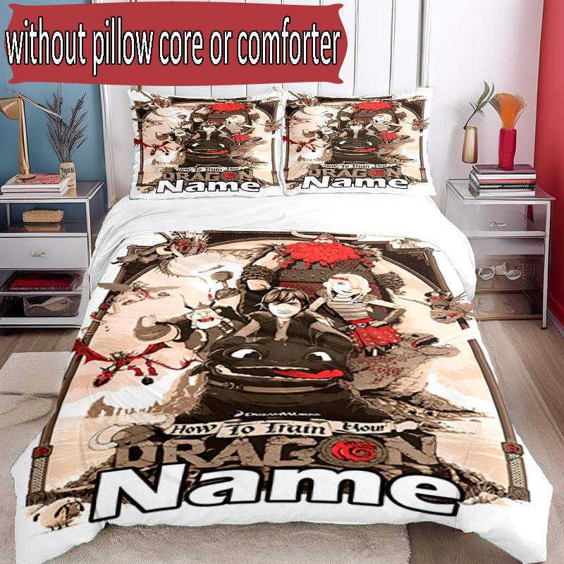 3pcs Duvet Cover Set (1*Duvet Cover + 2*Pillowcase, Without Core), Custom Name How to Train Your Dragon Pattern Bedding Set, Home Bedroom Decor Gift