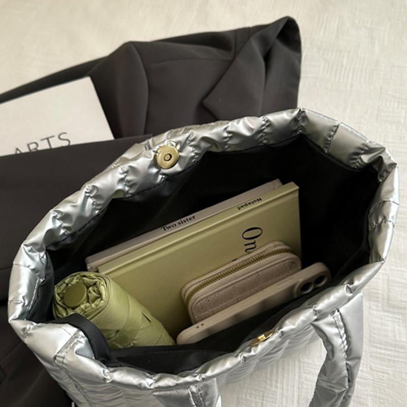 Large Capacity Tote Bag For Women Cotton Padded Nylon Handbag Solid Color Casual Elegant Shoulder Bag Fashion Purse