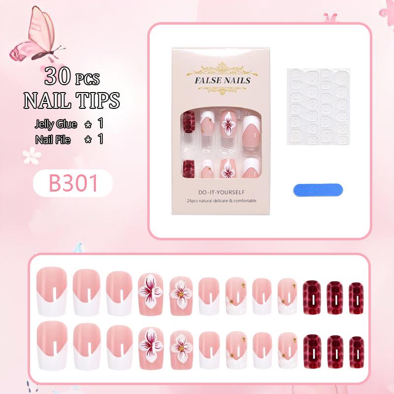 Set of 24 Short 3D Floral French Fake Nails