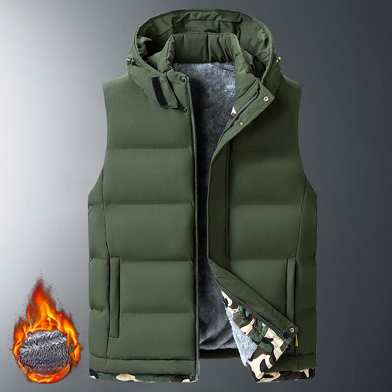 Large Size Autumn and Winter Vest Men's Removable Hat Sports Cotton Jacket Lamb Velvet Vest Plus Velvet Thickened Horse Clip Jacket