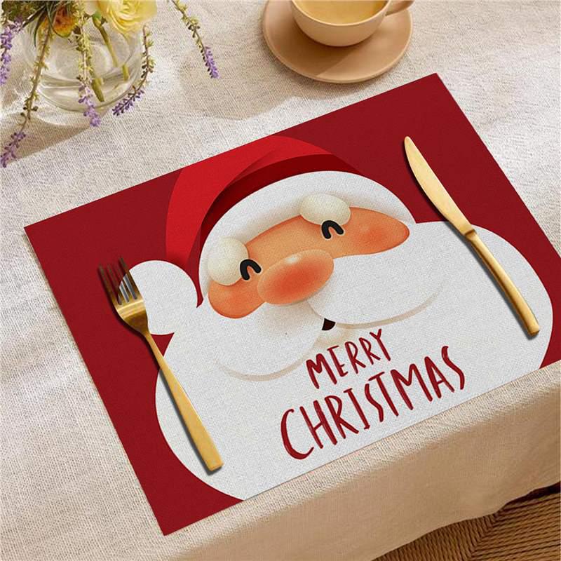 Nordic Christmas Santa Elk Linen Placemat Square, Festive Restaurant Table Decoration