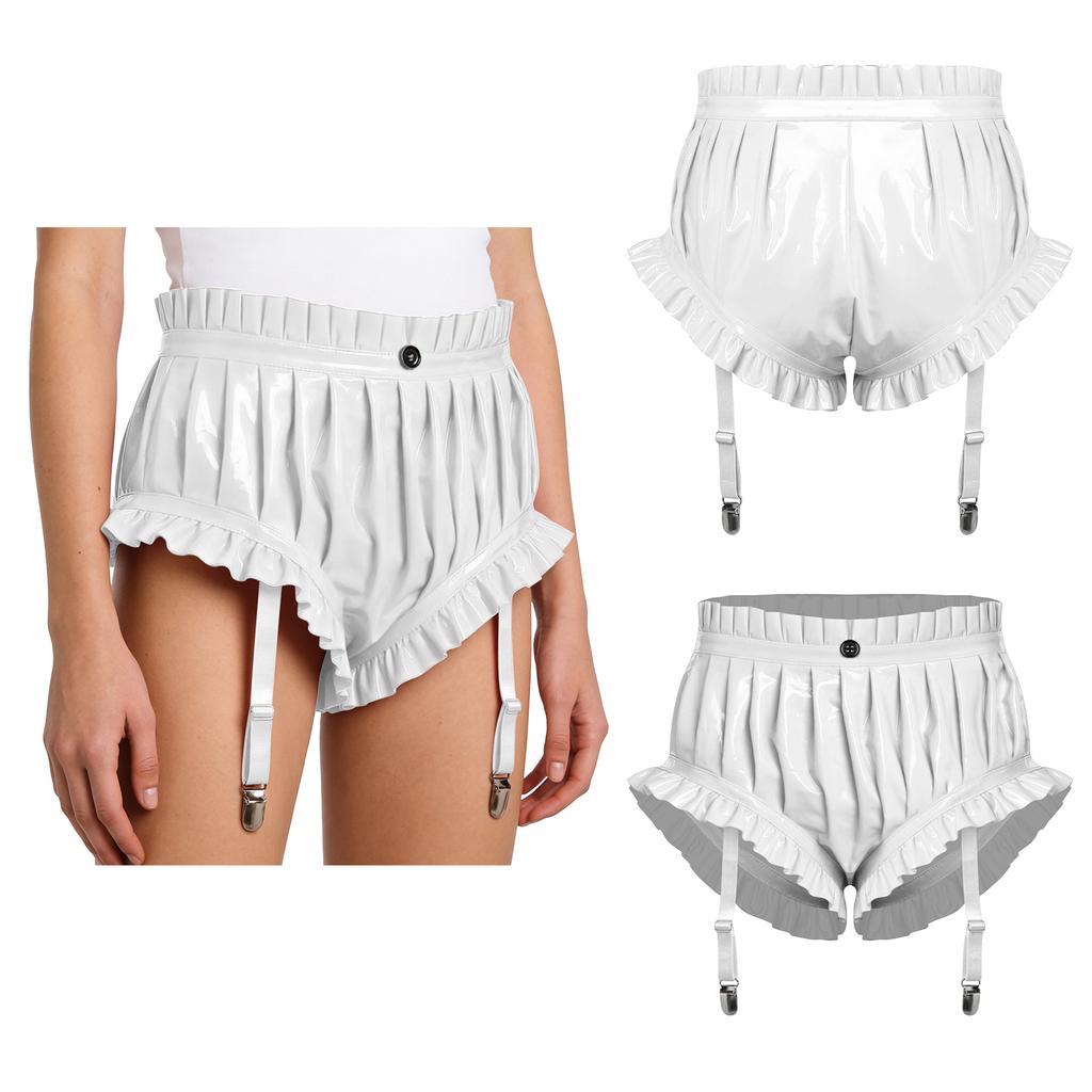 Women's Wet Look PU Leather Briefs S-3XL: Ruffled Trim Ruched Bloomer Shorts with Garter Clips Glossy Nightwear for Nightclub Rave Party