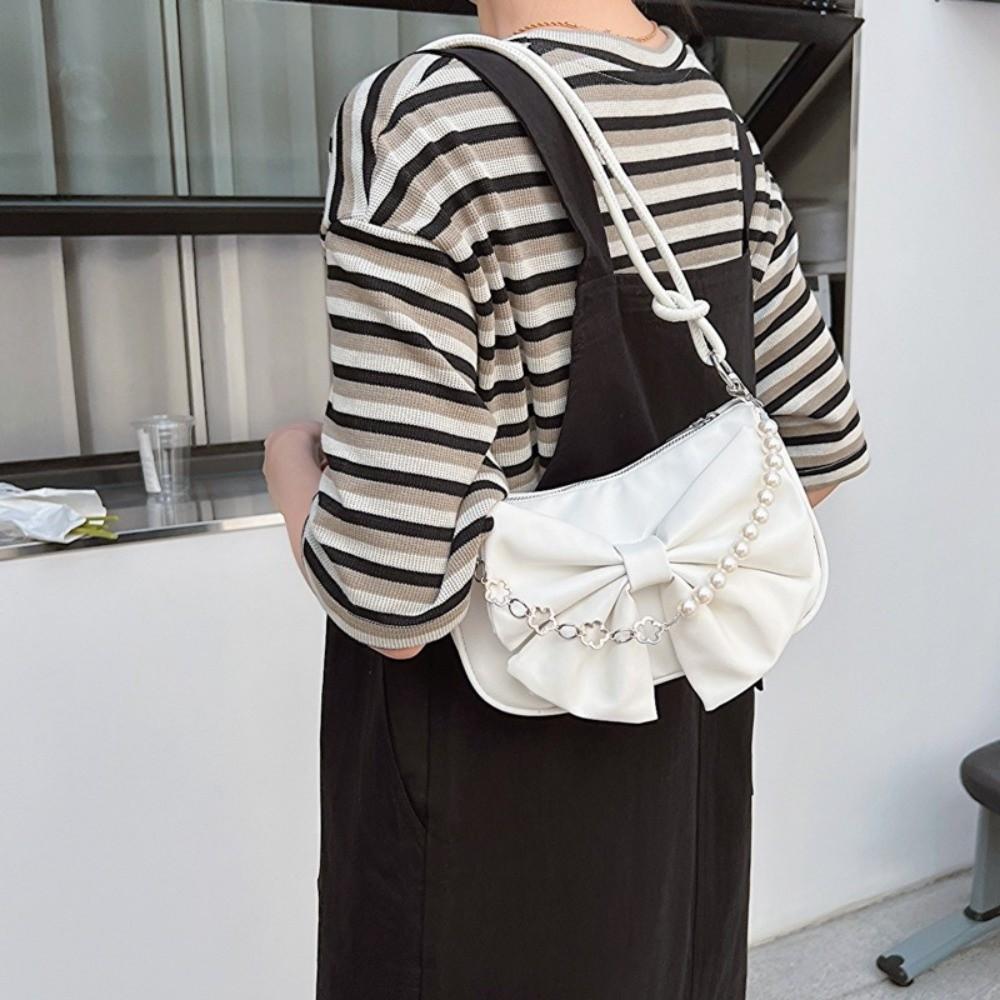 PU Leather Women Underarm Bag Solid Color Bow Handbag Fashion Bowknot Shoulder Bag  Office Worker