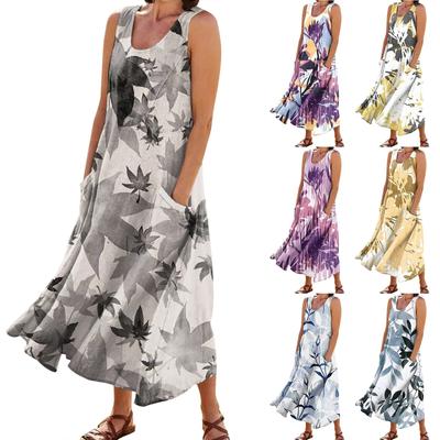 Damen Sommer Casual Fashion Ostern bedruckt ärmellos Rundhals Tasche Kleid