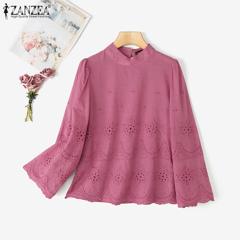 ZANZEA Womens Casual O-neck 3/4 Sleeve Crochet Patchwork Loose Blouse