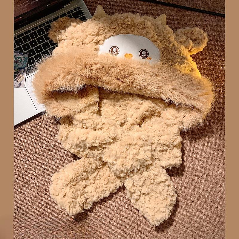 Cute Wool Plush Hat Scarf Integrated for Women Korean Version In Autumn and Winter Thickened Cold and Warm Student Ear Protection Hat Trend