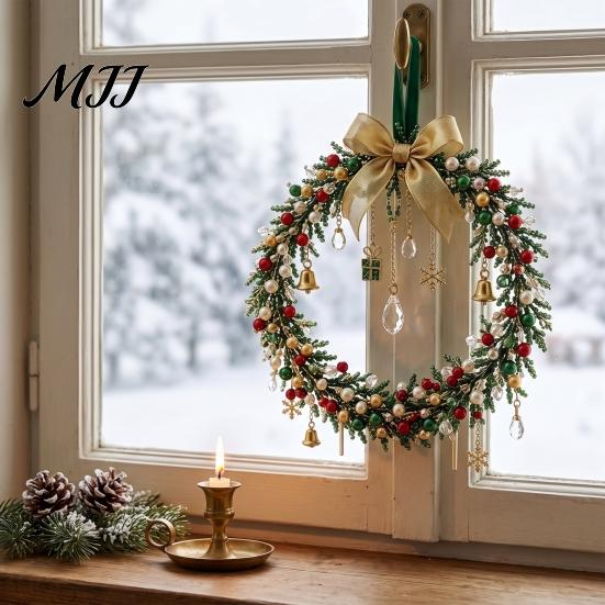 Fun Bead Projects for All Ages Beaded Christmas Wreath DIY Kit, Holiday Craft Kit with Colorful Beads Decorative & Ornament Charms, Seasonal