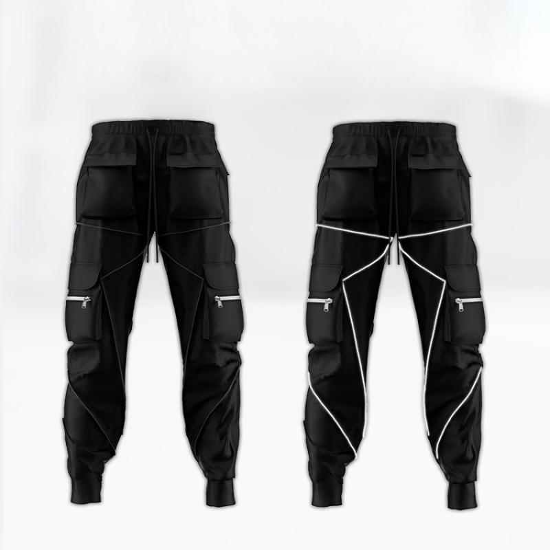 Men's Casual Pants, Black Drawstring Cargo Pants, Loose Pants, Straight American Overalls