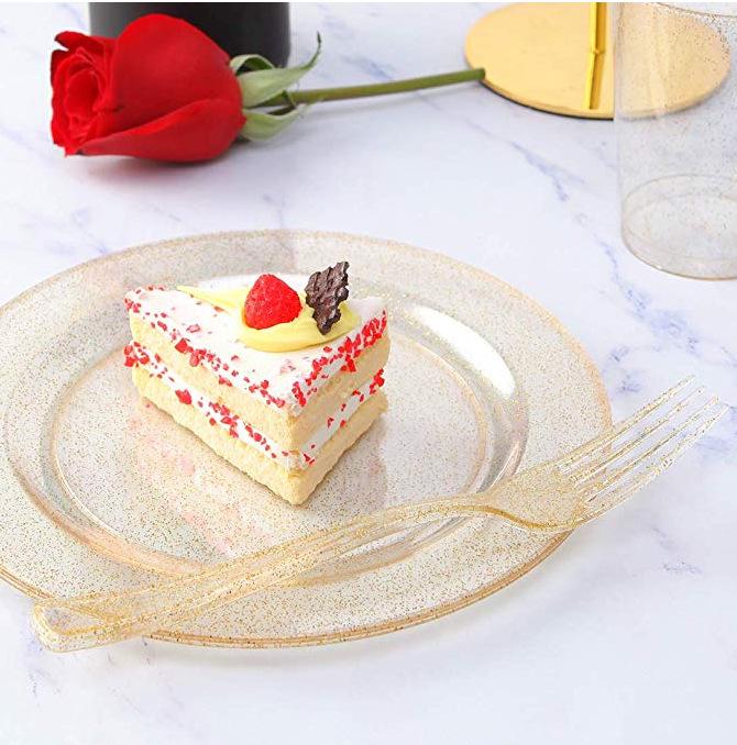 

Золотой одноразовый пластиковый набор столовой посуды: Тарелки, Чашки, Ножи, Вилки, Ложки для Ресторанов и Домашней Трапезы