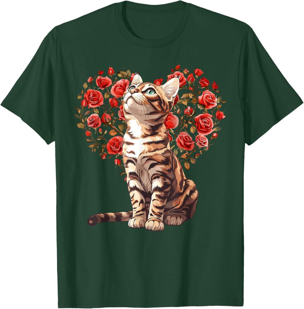Bengal Cat Heart Rose Floral T-Shirt Cute Cat Lovers Casual Daily Graphic Tee
