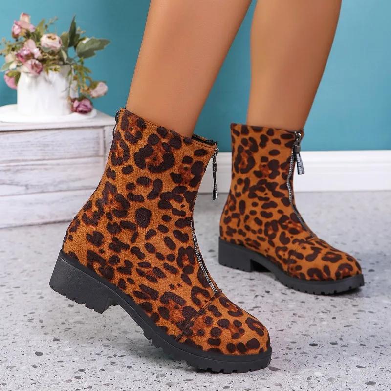 Modne Buty Damskie 2024 Jesień Najnowsze Design z Zamkiem z Przodu Damskie Buty w Panterkę Codzienna Moda Duży Rozmiar Buty na Grubej Podeszwie