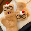 Cute Glasses Bear Plush Half Finger Flip Up Gloves for Women In Winter Cartoon Versatile Touch Screen Protection Against Cold  Wind and Warmth