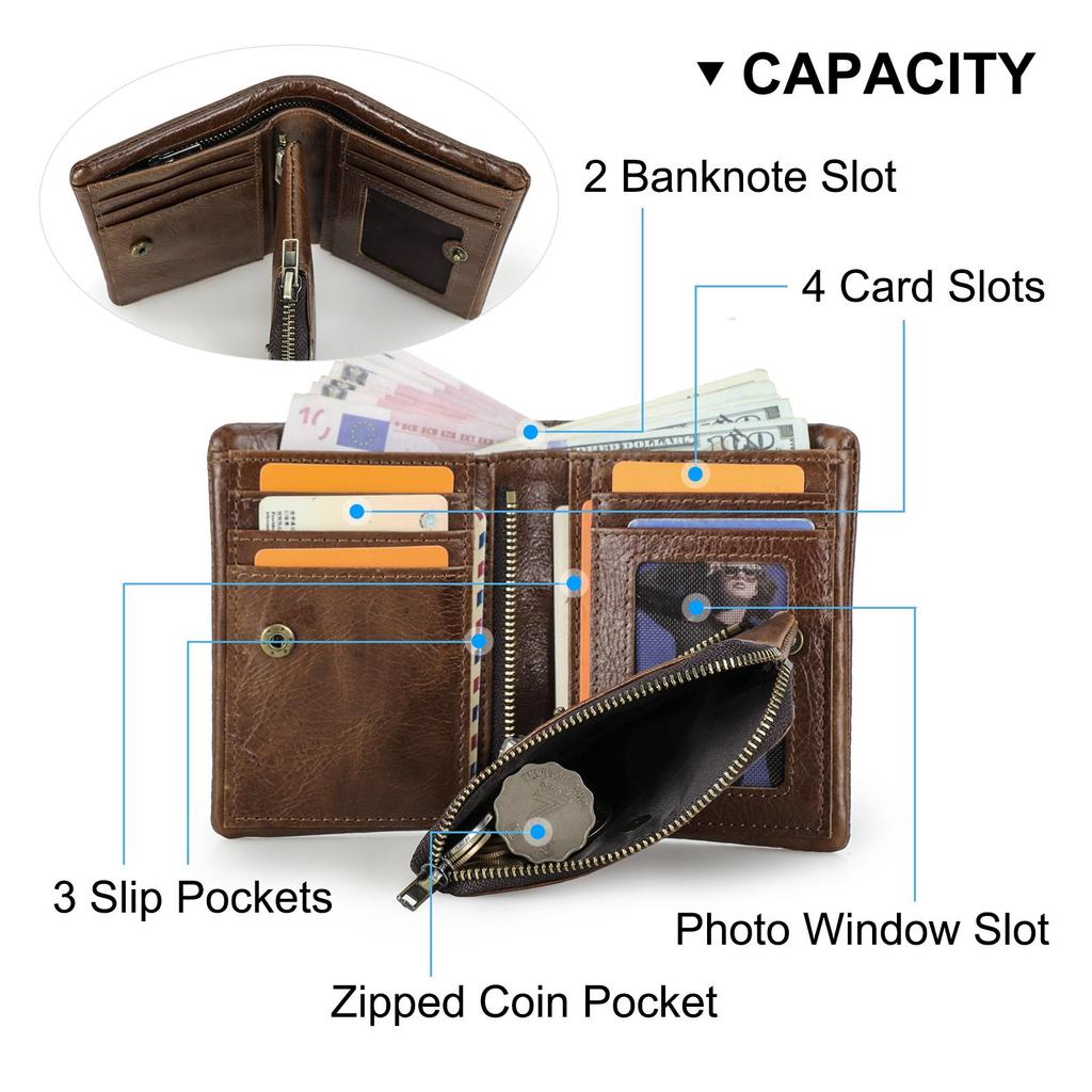 Men Genuine Leather Bifold Short Wallet RFID Blocking Zipper Coin Pocket