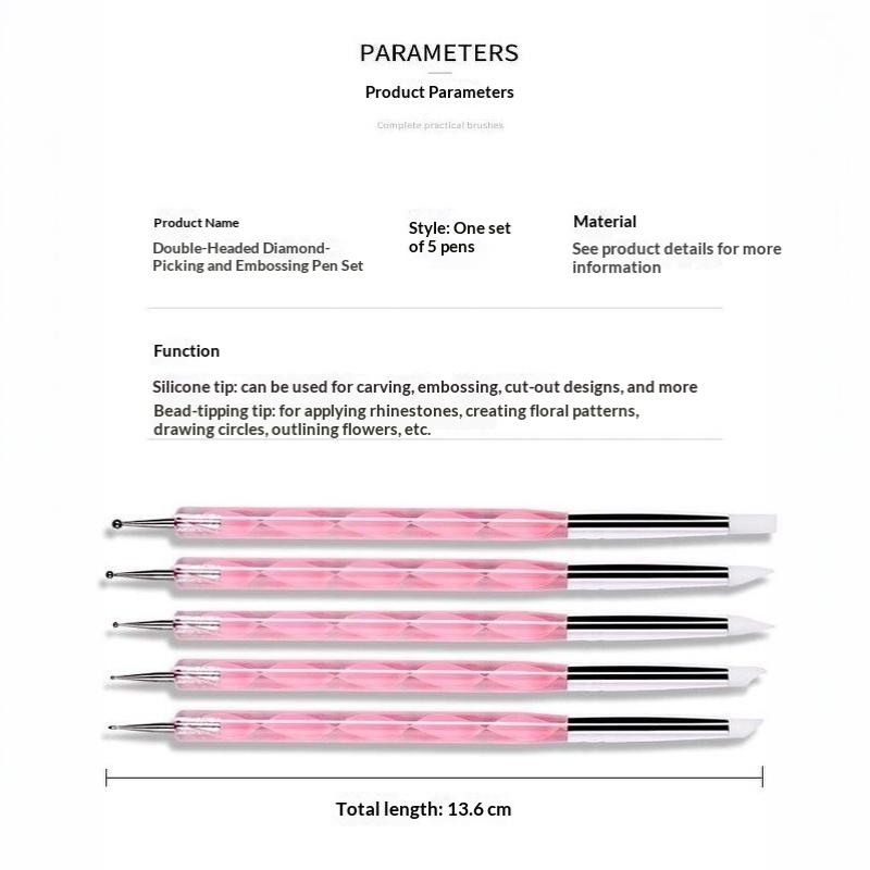 5Pcs Marbleizing Painting Pens 2 Way Nail Art Acrylic Silicone Point Flower Nail Pen Stainless Steel Dotting Tools