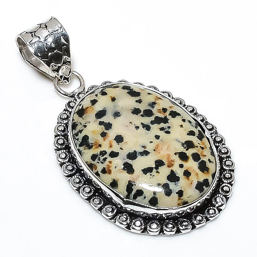 Dalmation Jasper Gemstone 925 Sterling Silver Jewelry Pendant 2.01" SU-10691