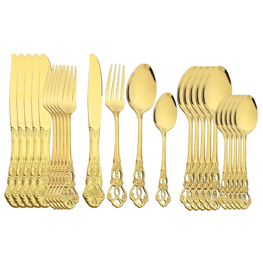 24Pcs Luxury Flatware Set Engraving Pattern Cutlery Set Stainless Steel Dinnerware SetVintage Western Knife Fork Spoon Tableware