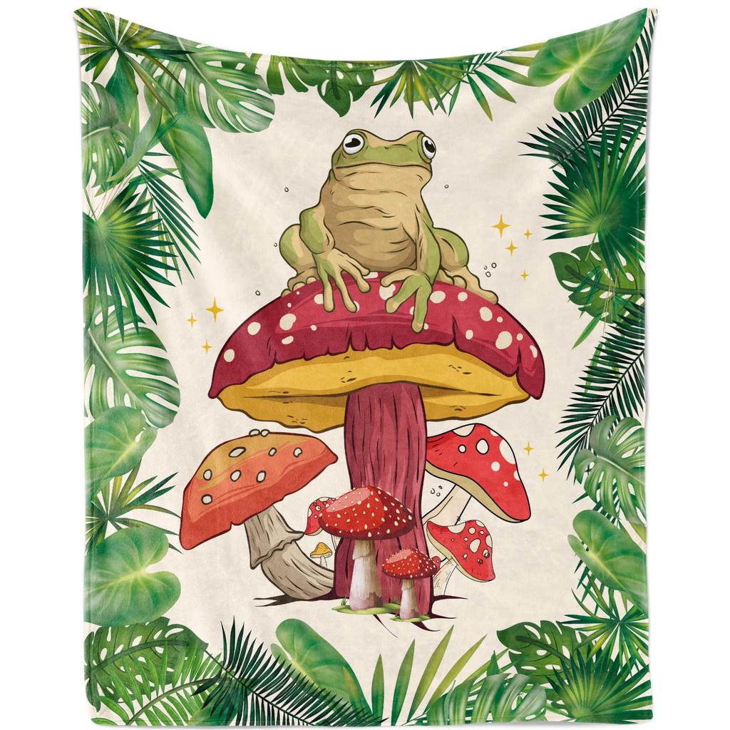 Cartoon Frog Mushroom Blanket Lovey Green Animal Flannel Throw Blankets for All Season Botanical Plush Soft Bed Sofa Blanket