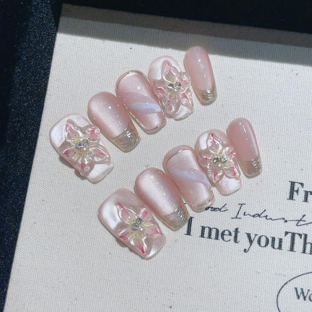 10Pcs Cat Eye Handmade Press On Nails with Gradient Design False Nails Full Cover French Ballerina Wearable Artificial Nail Tips