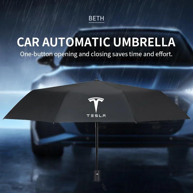 Autoaufkleber 2025 Neues Tesla Auto Innenzubehör Auto Faltbarer Regenschirm Tragbarer Automatischer Sonnenschutz Für Tesla Modell 3 Modell X Y