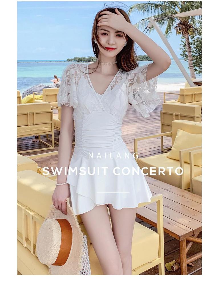 Costume da bagno contenitivo stile coreano: Dimagrante, Gonna, Push-Up, Cut-out, Maniche Corte, Copertura Braccia, per Seno Piccolo.