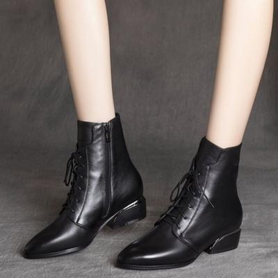 Small Short Boots Soft Leather Thick Heel Medium Heel Autumn and Winter New Women's Black All-match Comfortable Nude Boots