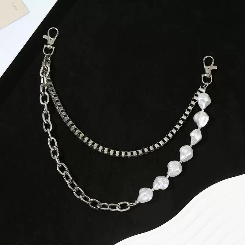 Trendy Euro-American Hip-Hop Pearl Patchwork Waist Chain Cool Jeans Pocket Chain with Metal Chain and Pearls Unisex