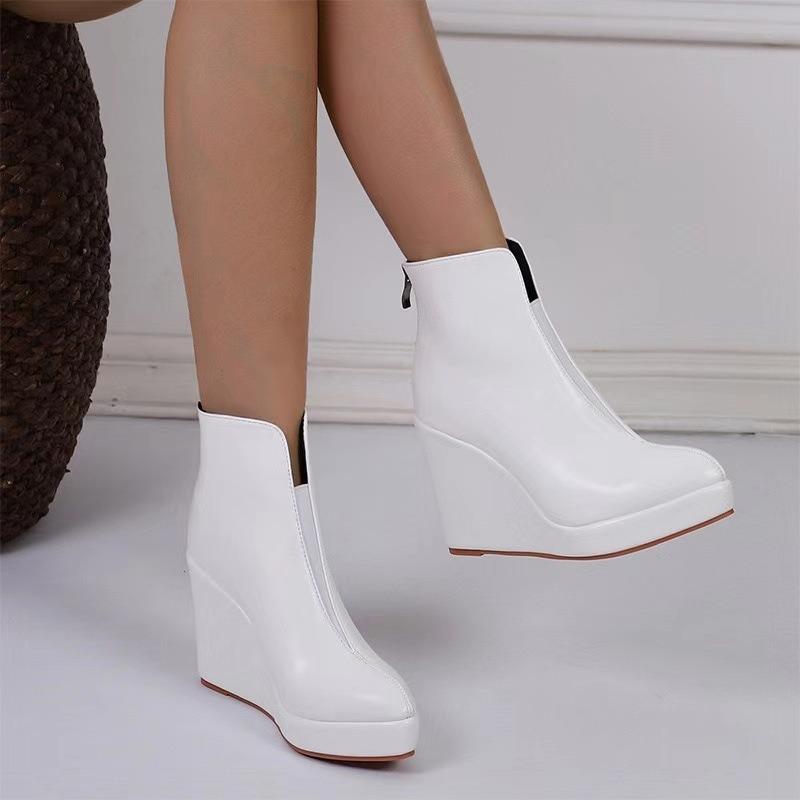 2025 Autumn-early Winter Shoes, Women's Platform Ankle Boots, Modern Women's Wedge Shoes 10 Cm, Pure Black, White, Plus Size 42