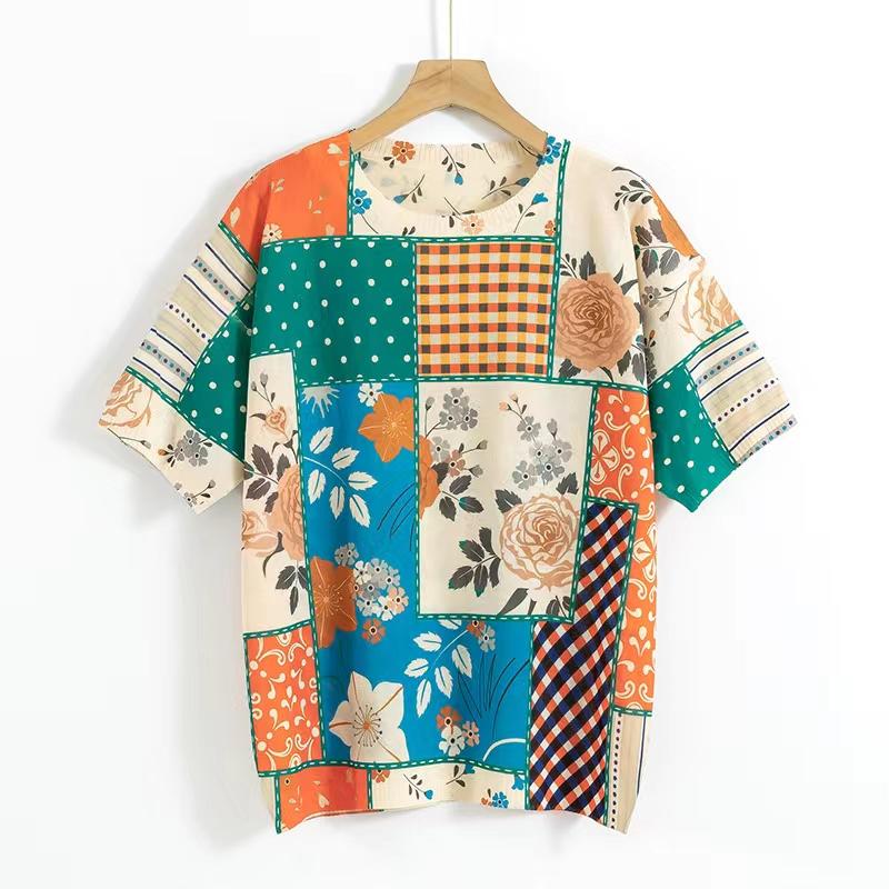 Dámské ležérní pletené topy do O s krátkým rukávem jarní pletené svetry s květinovým potiskem dámské prodyšné triko