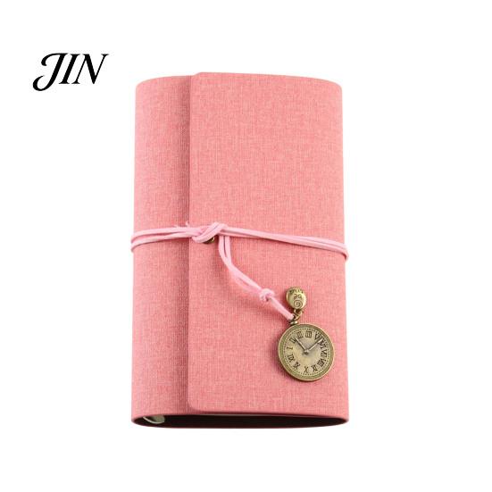 Durable Cover Notebook Faux Leather Writing Journal Notebook, 6 Ring Loose Leaf Binder, 7 Inch Diary Sketchbook with Clock Pendant for Travel Business