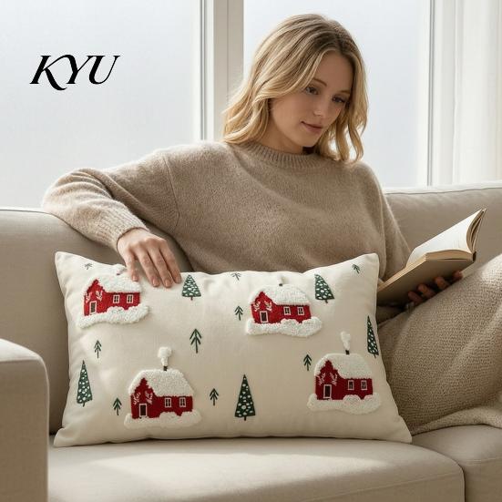 Christmas Cottage Cushion Cover Cover, Red Snowy House Pillowcase, Decorative Holiday Gift for Home Decor Throw Pillow Case Sofa Couch Farmhouse