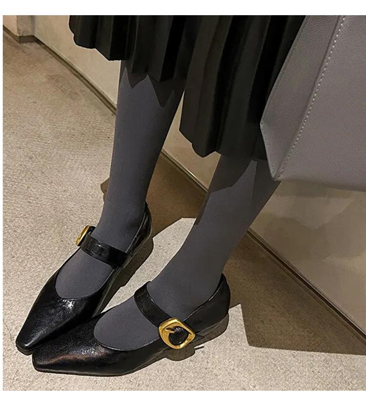Cowhide Version French Retro Gold Buckle Leather Pointed Thick Heel Light Mouth Single Shoes Women's One-word Buckle with Wedge Heel Mary Jane Shoes