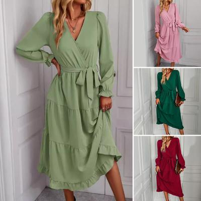Women's Long Sleeve Maxi Dress Casual A-line Swing Flowy Tiered Long Dress Summer V Neck Lace Up Beach Sundress