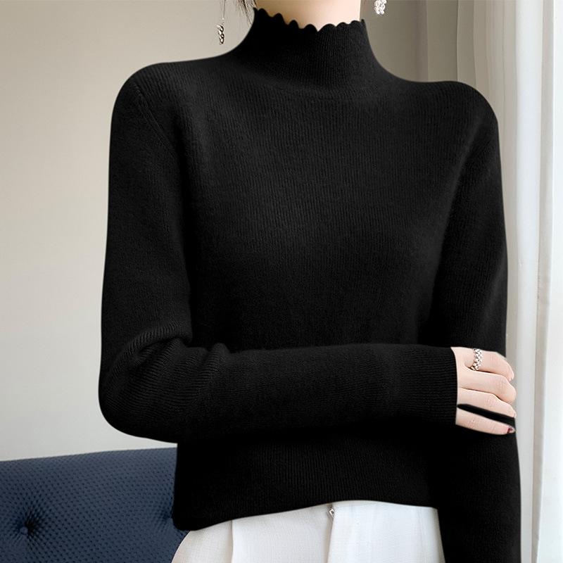

Soft waxy lace semi-turtleneck bottoming shirt for women s autumn and winter with coat fur inside sweater top knitted sweater S
