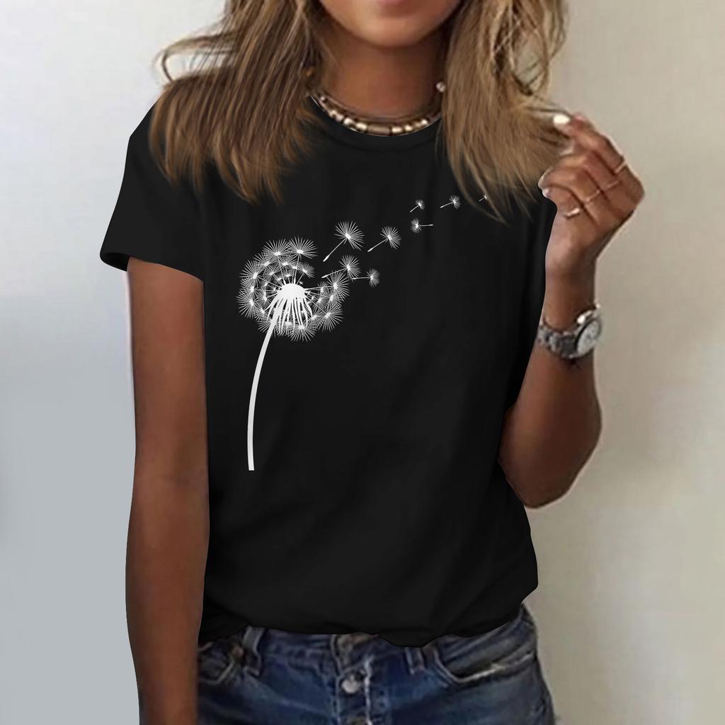 Women's Cute Printed Short Sleeve Round Neck Front Shoulder Vintage Short Sleeve Summer Loose Shirt Top