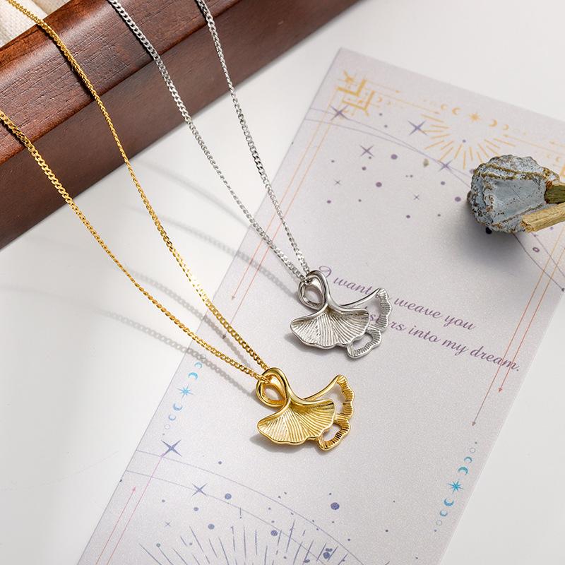 S925 Sterling Silver Ginkgo Leaf Choker Necklace for Women, Minimalist Hollow Pendant, Delicate Sweet Design