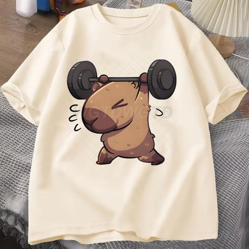 Capybara Print Unisexs Tshirt Round Neck Short Sleeves Hiphop Top Funny Capybara Lifting Print Tshirts Gym Lover Streetwear Tops