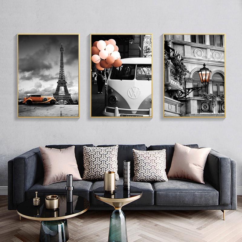 Modern Fashion Eiffel Tower Canvas Painting Landscape Ferris Wheel Balloon Wall Art Posters Tram Road Pictures Living Room Decor