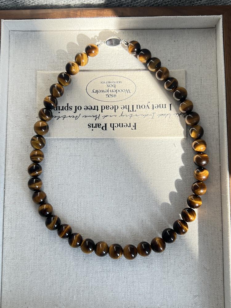 Stainless Steel Tiger Eye Beaded Necklace Choker with Yuanbao Buckle - Chinese Light Luxury Autumn/Winter Sweater Chain