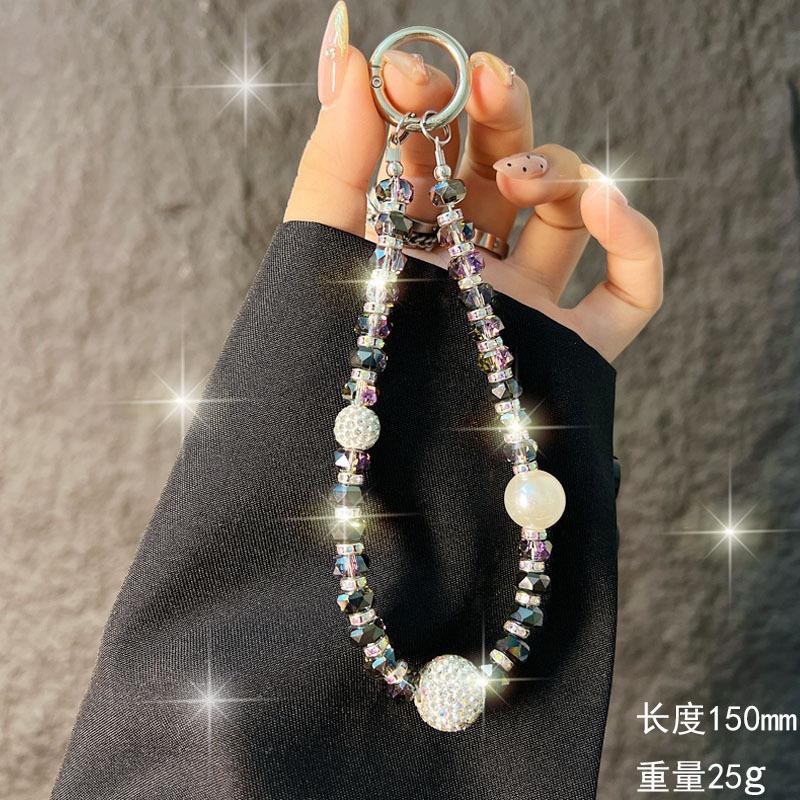 

High-end Rhinestone Ball Phone Chain Ultra Shiny Diamond Ring Crystal Phone Chain Lanyard Handheld Wrist Bag Pendant Anti-lost 【Transparent Black】Rh